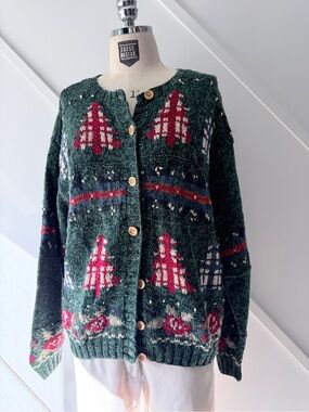 Talbots Christmas Sweater Fair Isle Cardigan Cotton Blend Large (fits small)